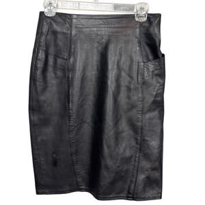 Vintage Lambskin Leather Pencil Skirt Side Pockets Knee Length Black SZ 6 Edgy